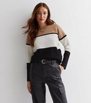 New Look Brown Colour Block Knit Crew Neck Jumper